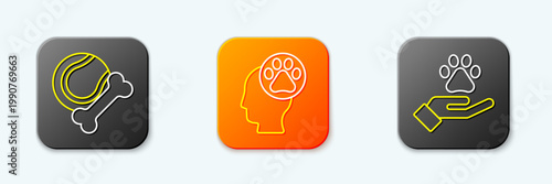 Set line Pet toys bone rubber and ball, Human with animals footprint and Hands icon. Vector