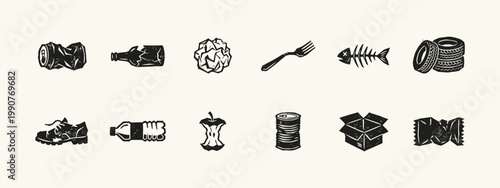 Set of Garbage and Waste Illustrations in Linocut Style