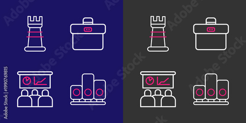Set line Ranking star, Training, presentation, Briefcase and Business strategy icon. Vector