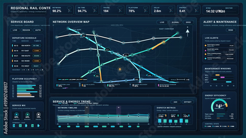 Futuristic rail control center dashboard with network map, departure schedule, live alerts, platform metrics, and energy analytics interface
