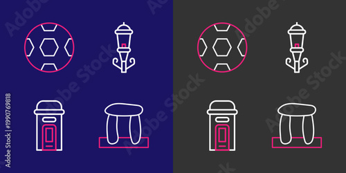 Set line Stonehenge, London phone booth, Vintage street light and Football ball icon. Vector