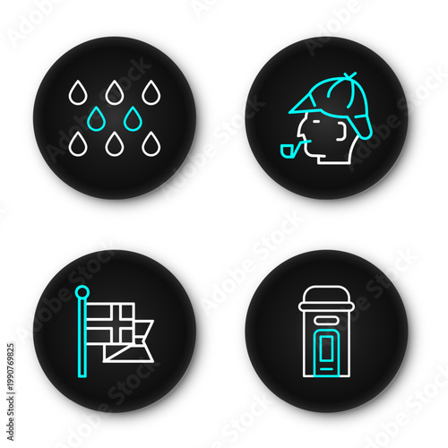 Set line London phone booth, England flag flagpole, Sherlock Holmes and Water drop icon. Vector