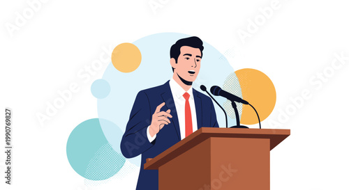 Confident male politician or professional businessman delivering a speech behind a wooden podium with two microphones.