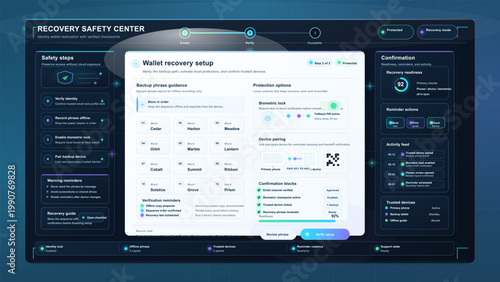 Digital wallet recovery setup interface with identity verification, backup phrase guidance, biometric protection, and trusted device pairing