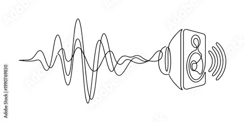 A single line drawing depicts sound waves emanating from a modern speaker