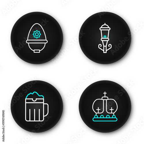 Set line British crown, Wooden beer mug, Vintage street light and police helmet icon. Vector