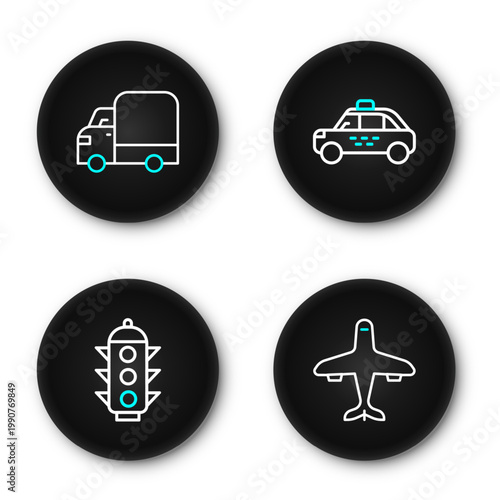 Set line Plane, Traffic light, Taxi car and Delivery cargo truck icon. Vector