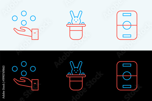 Set line Hockey table, Juggling ball and Magician hat and rabbit icon. Vector