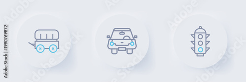 Set line Traffic light, Car and Wild west covered wagon icon. Vector