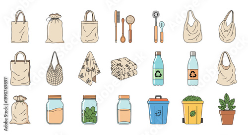 Collection of sustainable and zero-waste lifestyle items including cloth bags, glass jars, and natural bamboo toothbrushes.