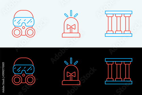 Set line Prison window, Gas mask and Flasher siren icon. Vector