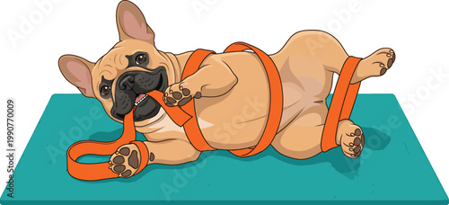 Funny Clumsy French Bulldog Tangled in Elastic Resistance Band on Yoga Mat Fitness Fail Concept Vector
