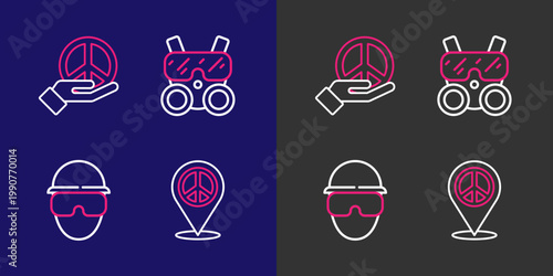 Set line Location peace, Special forces soldier, Gas mask and Peace icon. Vector