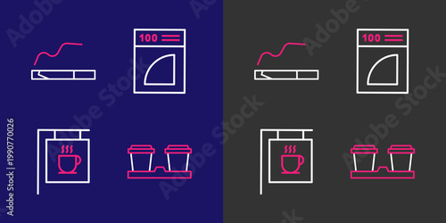 Set line Coffee cup to go, Street signboard coffee, paper filter and Cigarette icon. Vector