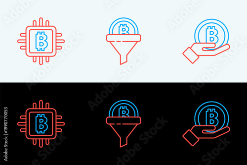 Set line Hand holding Bitcoin, CPU mining farm and Sales funnel with bitcoin icon. Vector