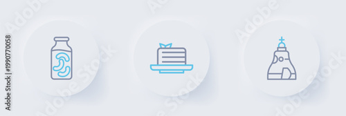 Set line The Tsar bell, Medovik and Pickled cucumbers in jar icon. Vector