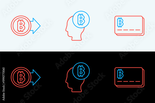 Set line Credit card with bitcoin, Bitcoin and think icon. Vector