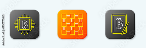 Set line CPU mining farm, Blockchain technology and Mining bitcoin from tablet icon. Vector