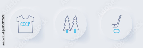 Set line Ice hockey stick and puck, Christmas tree and USSR t-shirt icon. Vector