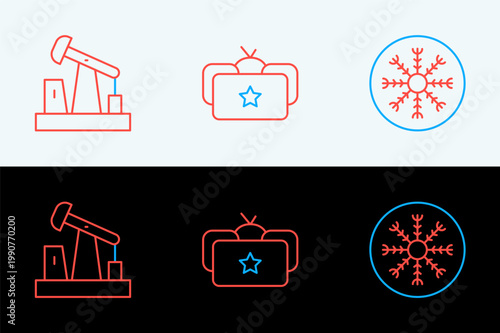 Set line Snowflake, Oil pump or pump jack and Ushanka icon. Vector