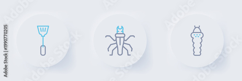 Set line Larva insect, Termite and Fly swatter icon. Vector