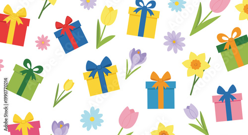 A vibrant seamless pattern showcases a variety of colorful gift boxes with bright bows mixed with cheerful spring flowers like tulips and yellow daffodils.