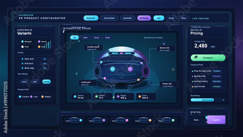 Dark futuristic product configurator dashboard interface with interactive headset preview, feature controls, pricing panel and status widgets