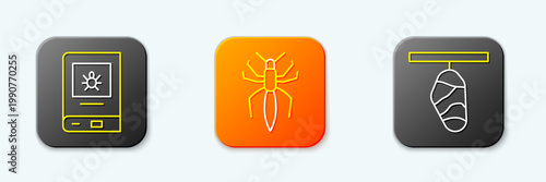 Set line Book about insect, Spider and Butterfly cocoon icon. Vector
