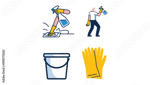 Cleaning Essentials: A set of illustrations showcasing various cleaning supplies, featuring cleaning person, spray bottle, rag, bucket, and rubber glove.  