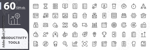 Productivity tools line icon set. Project, planning, time, management, and workflow icons. Editable vector stroke