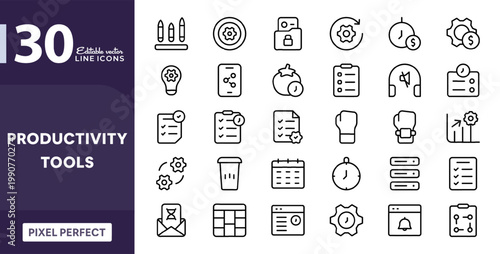 Productivity tools line icon set. Project, time, management, and workflow icons. Editable vector stroke