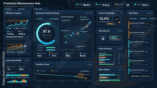 Dark predictive maintenance dashboard interface for heavy equipment analytics with health score, vibration charts, alerts and service panels