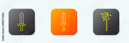 Set line Medieval sword, and Magic staff icon. Vector
