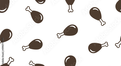 Cute cartoon fried chicken drumstick seamless pattern with brown meat and white bone
