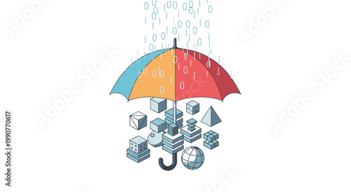 Abstract digital data rain falling on colorful umbrella protecting geometric shapes and servers
