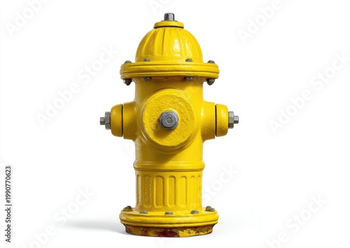 A bright yellow fire hydrant with multiple outlets against a white background