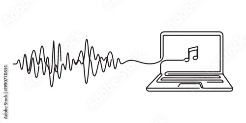 Line art depicts sound waves connecting to a laptop with a musical note