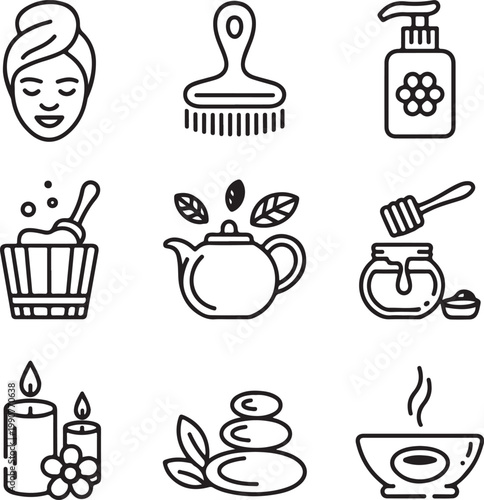 Illustrations of various spa and relaxation items and activities