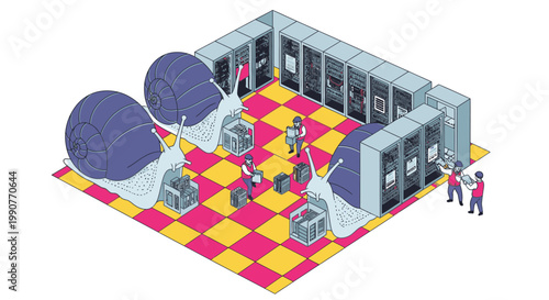 Giant snails in a server room with people working, symbolizing slow technology and IT issues