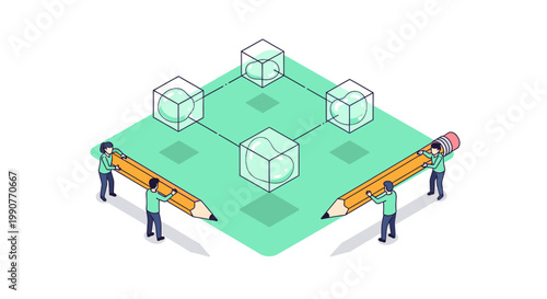 Teamwork concept: people connect cubes with pencils, creating a network or system, isometric illustration