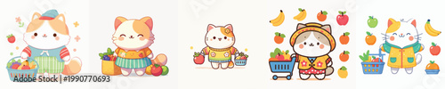cute cat vector shopping for fruit