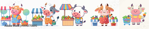 cute bull vector shopping for fruit