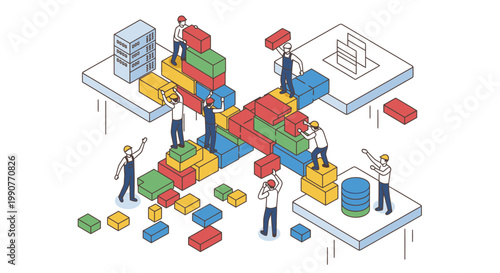 Isometric illustration of a team building and connecting digital infrastructure with colorful blocks, symbolizing collaborative software development and system integration.