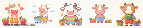 cute bull vector shopping for fruit