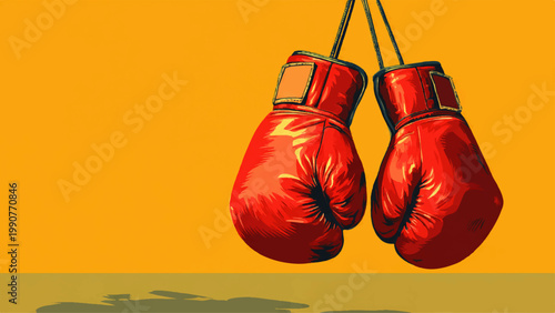 A simple vector illustration of hanging red boxing gloves indoors