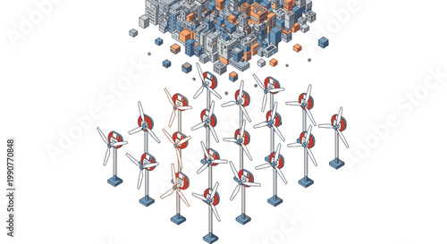 Clean energy for future cities: Wind turbines provide sustainable power to an abstract urban landscape, promoting green technology.