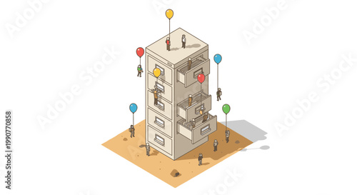 Surreal isometric illustration of a tall filing cabinet building with tiny people and balloons floating around it