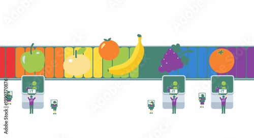 Conveyor belt with fruits and vegetables sorted by color, with robotic arms and computers, representing automation and technology
