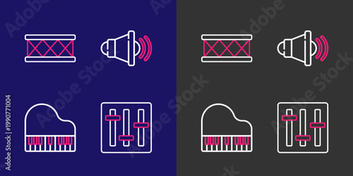 Set line Sound mixer controller, Grand piano, Speaker volume and Drum icon. Vector