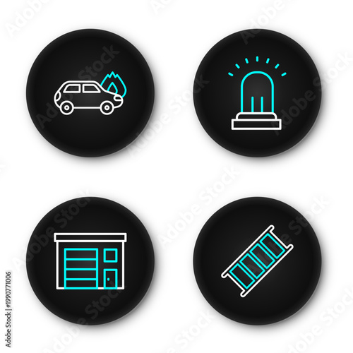 Set line Fire escape, Building of fire station, Ringing alarm bell and Burning car icon. Vector